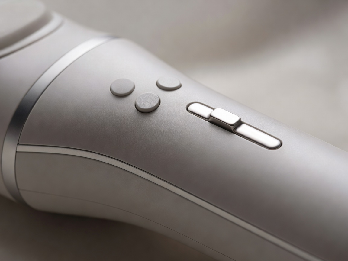 Close-up detail of a personal-care appliance with compact controls