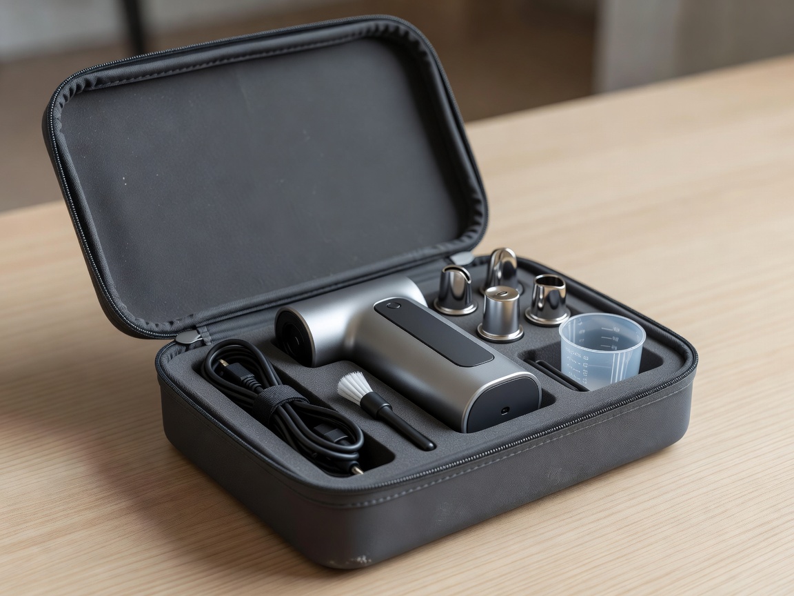 Travel case opened to show a compact appliance and its organized accessories