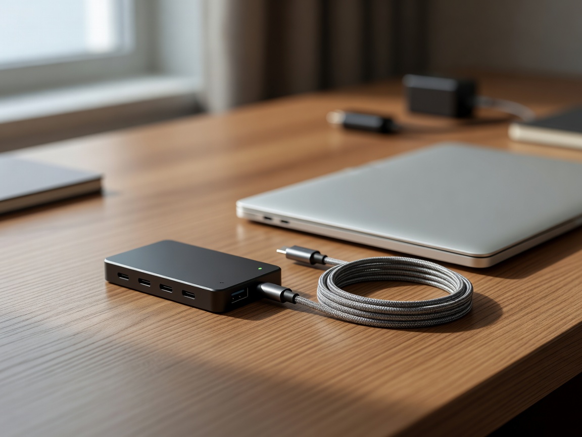 Close-up of a compact device and cable arranged for a travel work routine